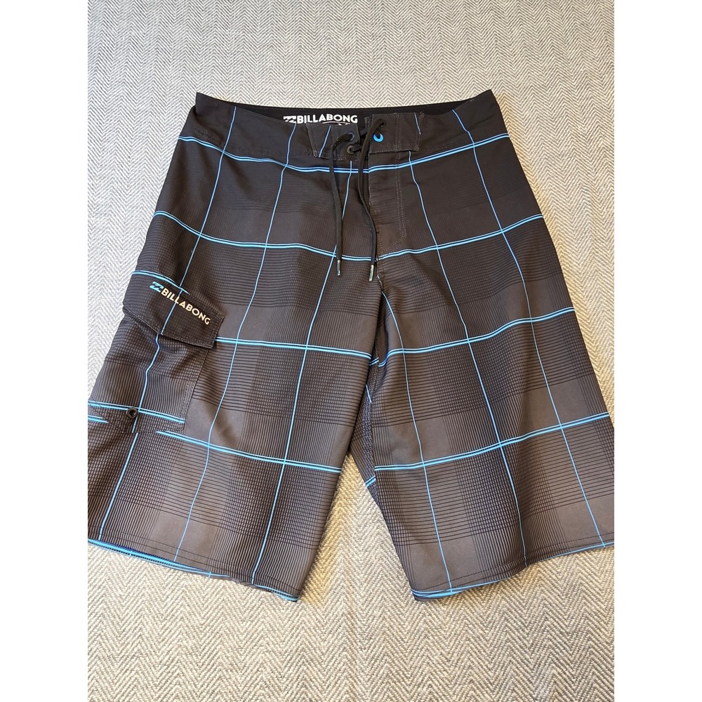 Billabong Platinum X Board Short Mens S Black Blue Grid Pattern Drawstring Waist